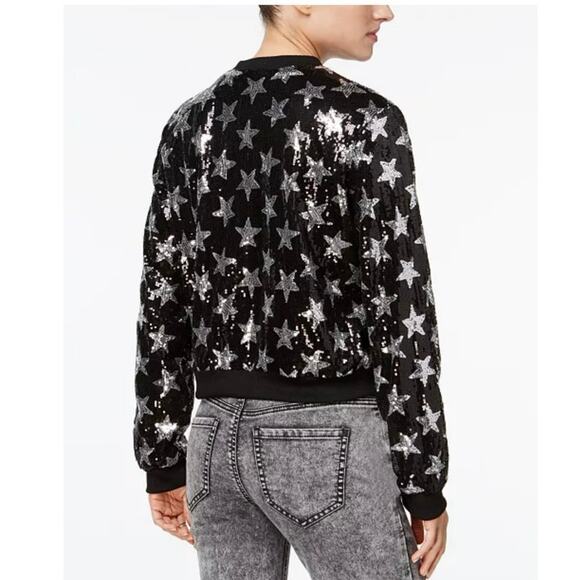 Say What? Bomber Jacket Sequin Silver Stars Embellished Full Zip L Sparkly NEW - Picture 3 of 12